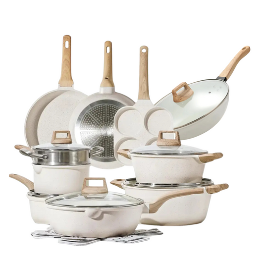 10-Pan Ceramic Cookware Set – 2 Frying Pans, 2 Casserole Pans, 2 Sauce Pans, Omelet Pan, Wok, Steamer Pan, Lids & Pan Protector