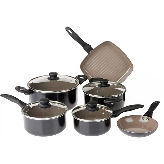 6-Pan Nonstick Cookware Set – Casserole Pan, Stock Pot, 2 Sauté Pans, and Grill Pan, Plus Lids
