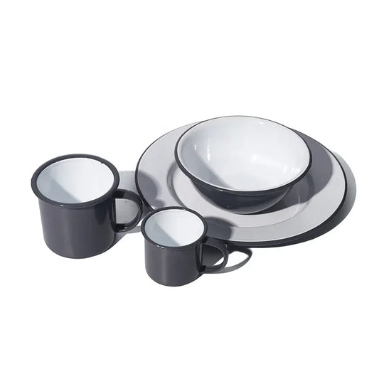 Modern Rustic Enamel Dining Collection (Gray & White) - 6 Pack