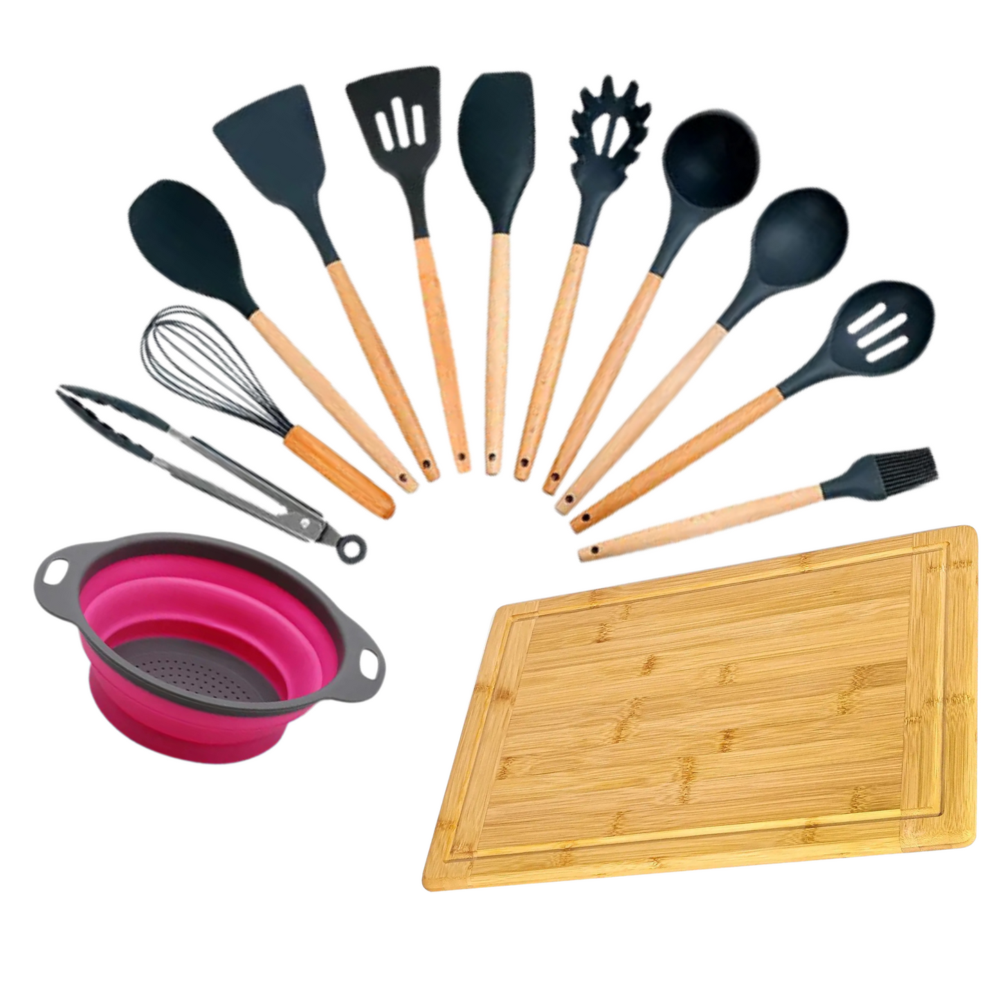 Deluxe Kitchen Set: Non-Stick Utensils Set, Strainer Bowl, and Bamboo Cutting Board
